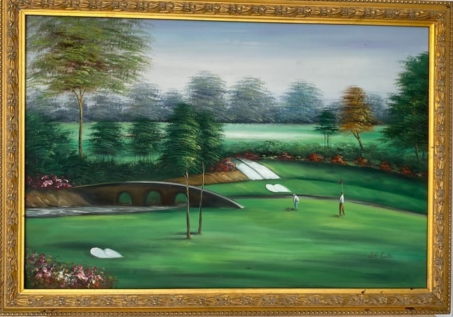 Golf Landscaping Painting on Canvas signed Jeff Curtis: Golf Landscaping Painting on Canvas signed Jeff Curtis.Wood Gold painted frame Size: 41 x 21 inches. Painting size: 36 x 24 inches. The painting is from Jeff Curtis himself.See photos for description(