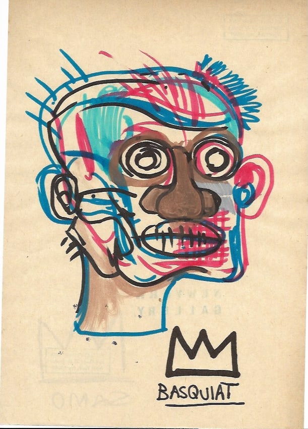 Jean Basquiat Drawing,on paper Stamp on Verso: Jean Basquiat Drawing,on paper Stamp on Verso. Image Approximately Size 11 3/4 x 8 1/2 inches . This painting does not carry established document provenance, nor is any record of auction history descr