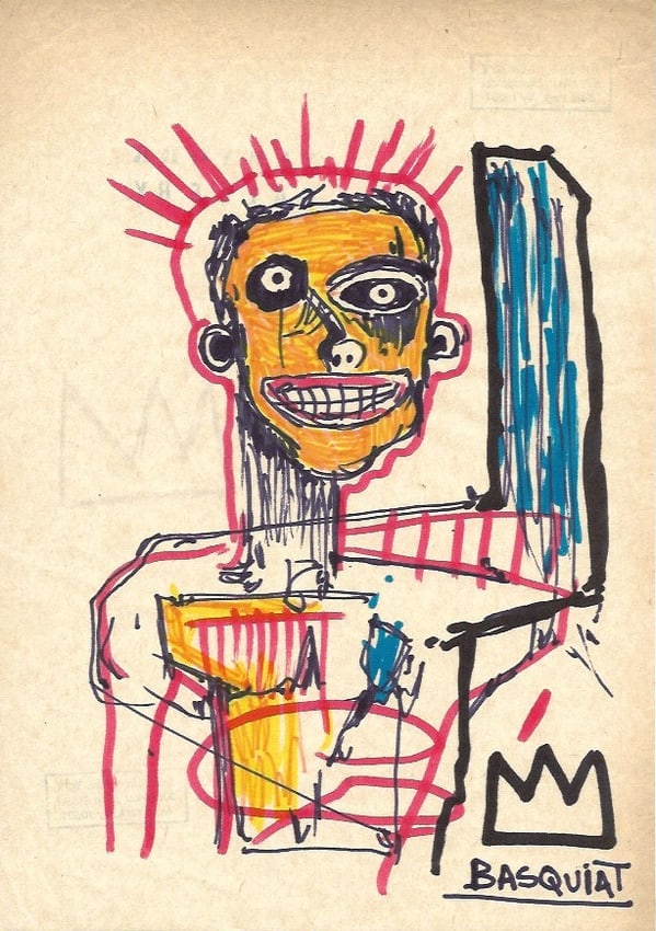 Jean Basquiat Drawing,on paper Stamp on Verso: Jean Basquiat Drawing,on paper Stamp on Verso. Image Approximately Size 11 3/4 x 8 1/2 inches . This painting does not carry established document provenance, nor is any record of auction history descr