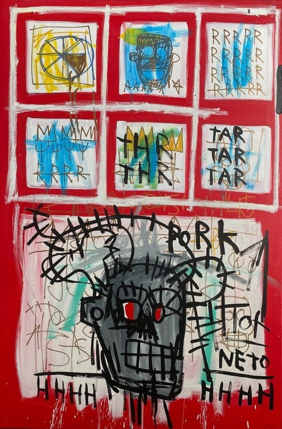 Jean Michel Basquiat Large Painting Fits Basquiat 1983 Brooklyn: King Samo - Jean Michel Basquiat Large Painting Fits Basquiat 1983 Brooklyn size: 36 by 24 inches. NY Private collection, Good condition. see photos. Jean-Michel Basquiat (Amer, 1960-1988) attributed: