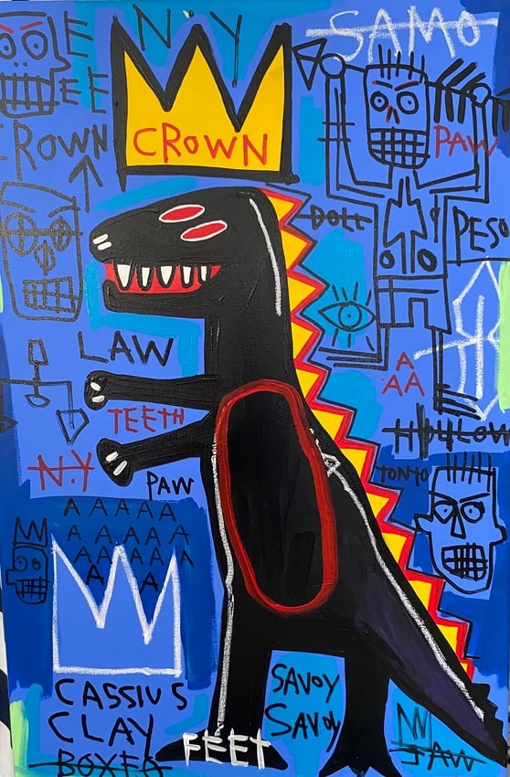 Basquiat Painting on Canvas T-Rex Crown-Samo: Basquiat Painting on Canvas T-Rex Crown- Samo. Jean Michel Basquiat Large Painting Fits Basquiat 1983 - Size : 36 by 24 inches Large Expressionism Painting on Stretcher Canvas. Acquired from private c