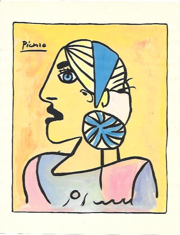 Pablo Picasso Mixed Media on Paper, Stamp on Verso: Pablo Picasso(after artist)Mixed Media on Paper , Stamp on Verso. Approx Size: 11 3/4 x 8 1/2 inches. NY Collector. No Coa or Documents .Sold as is After definition: For paintings/unique works: The wo