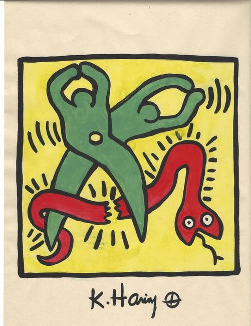 Keith Haring Mixed Media Drawing on Paper: Keith Haring Mixed Media Drawing on Paper . Approx Drawing 8 x 12 inches .The technique employed in this composition resonates with the distinctive style of Keith Haring, an influential artist known f