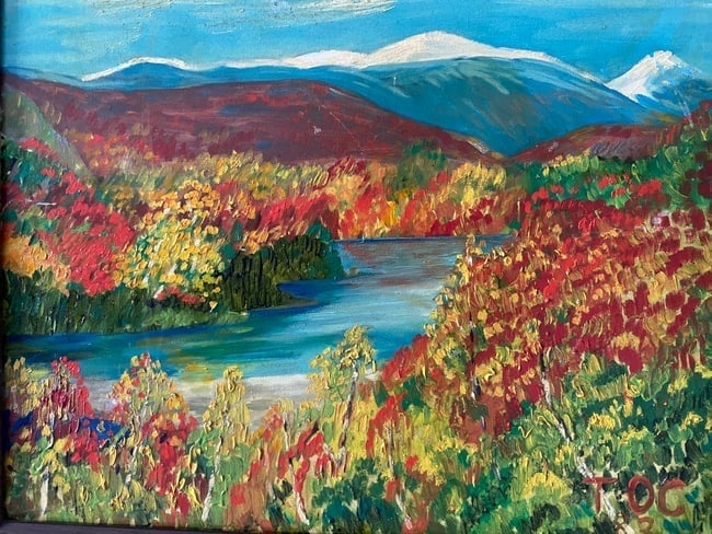 Vintage Mountain Landscape Painting on Canvas: Vintage Mountain Landscape Painting on Canvas by Toc 83 . size: 20 x 16.Wood Frame size: 21 x 17.Small scratch on lower mid side of frame due to age.SEE PHOTOS as part of the description.We pack & Shi