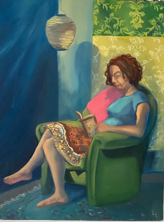 Original Painting on Canvas: Original Painting on Canvas Lady reading a book. Unknown Artist. Stretch Ready to hang. No Frame. NY Private Collection. Approximate Artwork Size: 24 x 30Inches. Condition -SEE PHOTOS for condition. W