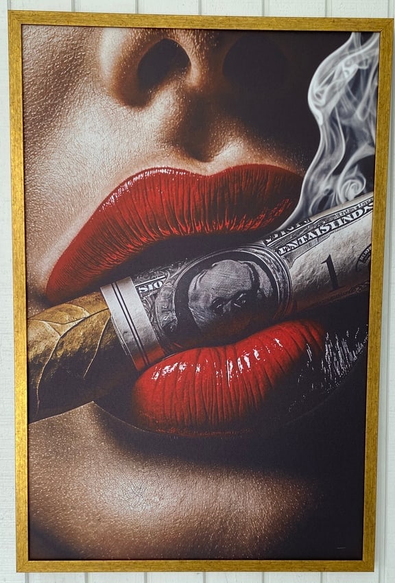 Red Lips and Money Cigar Canvas Print, Modern Pop Art: Red Lips and Money Cigar Canvas Print, Modern Pop Art, Luxury Wall Decor Art.DIMENSIONS: 36"x 24"inches Ready to Hang.MATERIAL: GOLD FRAMED. see Photo. We pack & Ship for you. We take care of the ship