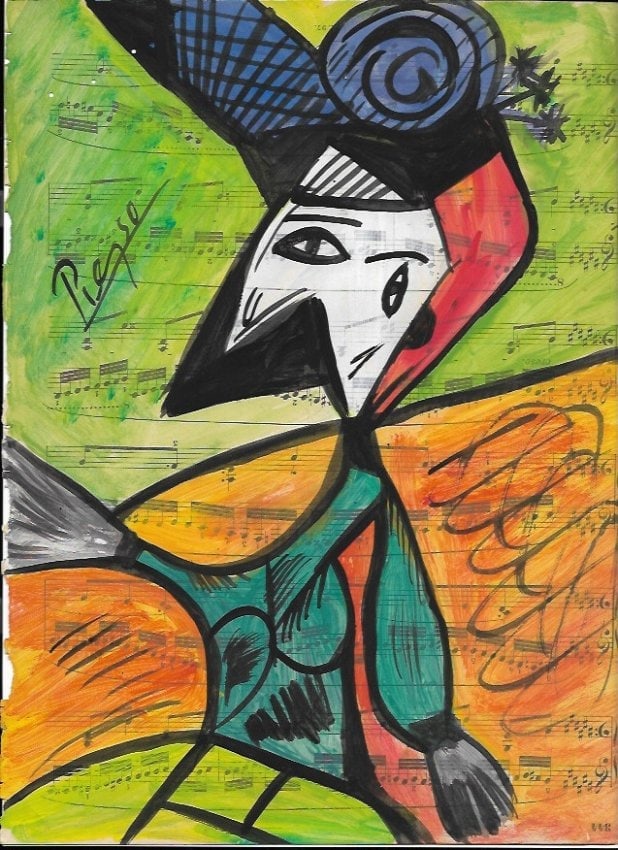 Mixed Media Pablo Picasso Drawing on Paper (After Artist): Mixed Media Pablo Picasso Drawing on Paper Music Notes. Approx Size: 12 x 8 1/2 inches. Provenance: Private NY Collection.(After Artist). Good Condition See Photos.After definition: For paintings/uniq