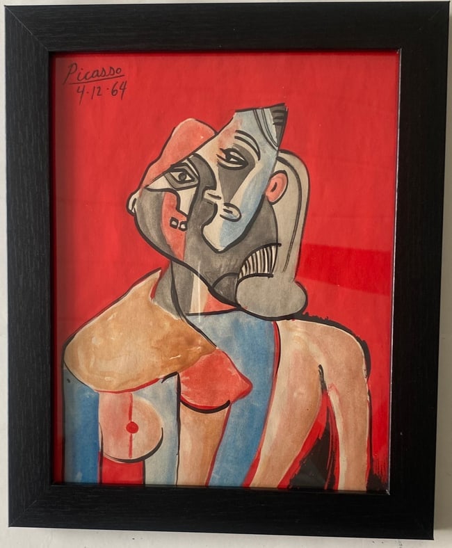 Picasso drawing on Rare Unique vintage paper: Picasso drawing on Rare Unique vintage paperSigned and dated Stamped On reverse Approximately 8 x 10 inchesThe frame measures 10 x 12 inchesThe drawing has minor wear from time but over all condition 