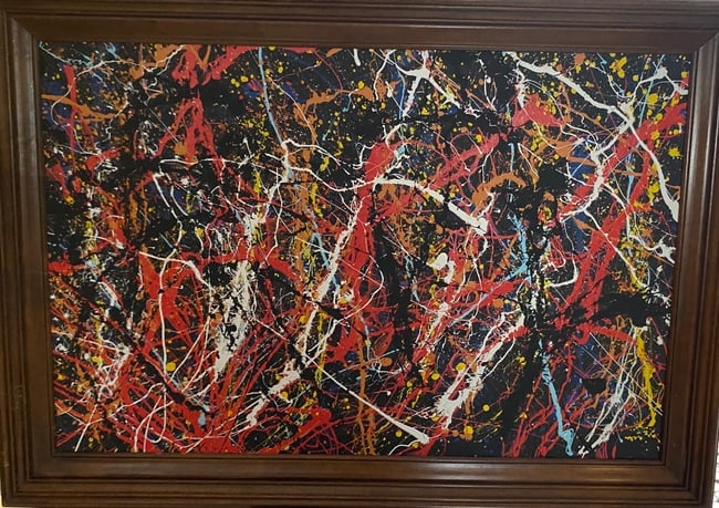 Jackson Pollock Abstract Painting on Canvas with wood Frame: Jackson Pollock Abstract Painting on Canvas with wood Frame-Approx Painting Size: 36 x 24 Inches.Wood Frame size: 41 x 29. Private New York Collector. Painting is done in the modern, abstract expressi