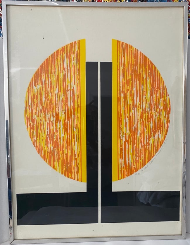 HAWKINS, DENNIS(Mid 20th C. American) Geometric abstract, lithograph: HAWKINS, DENNIS(Mid 20th C. American) Geometric abstract, lithograph, Pencil signed, La Tienta dated 1970, and numbered from edition of 38/75 right center, approximate work size 31" x 23".Frame size: 