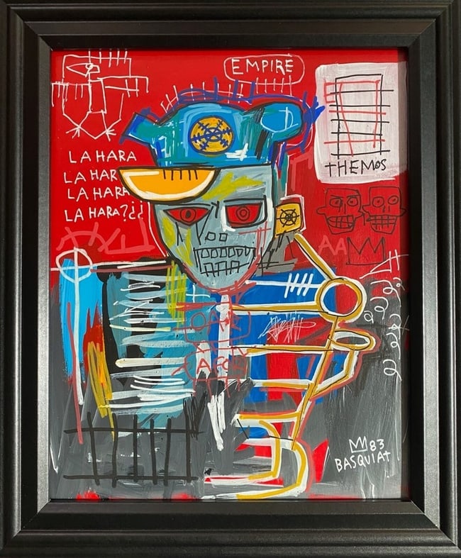 Basquiat drawing on Rare Unique vintage paper: Basquiat drawing on Rare Unique vintage paperSigned and dated Stamped On reverse Approximately 8 x 10 inchesThe frame measures 10 x 12 inchesThe drawing has minor wear from time but over all condition