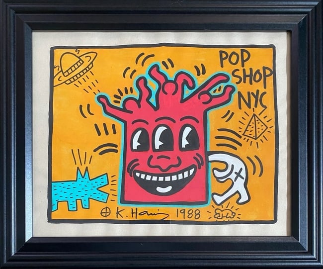 Keith Haring Drawing on Unique Paper SIGNED NYC POP SHOP: Keith Haring Drawing on Unique Paper SIGNED NYC POP SHOP. Size: 8 x 10 inches on paper.The frame measures approximately 10 x 12 inches.This is not a print of any kind. The drawing was acquired from a 