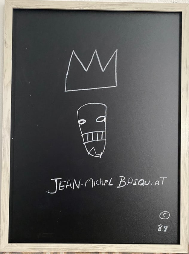 Jean Michel Basquiat Drawing on Chalkboard Framed: Jean Michel Basquiat Drawing on Chalkboard Framed. Rendered in the style of After (artist) JMB. Technique: . approx Measures:23 X 17 Inches. Provenance: Private collection New York. Jean Micheal Basqu