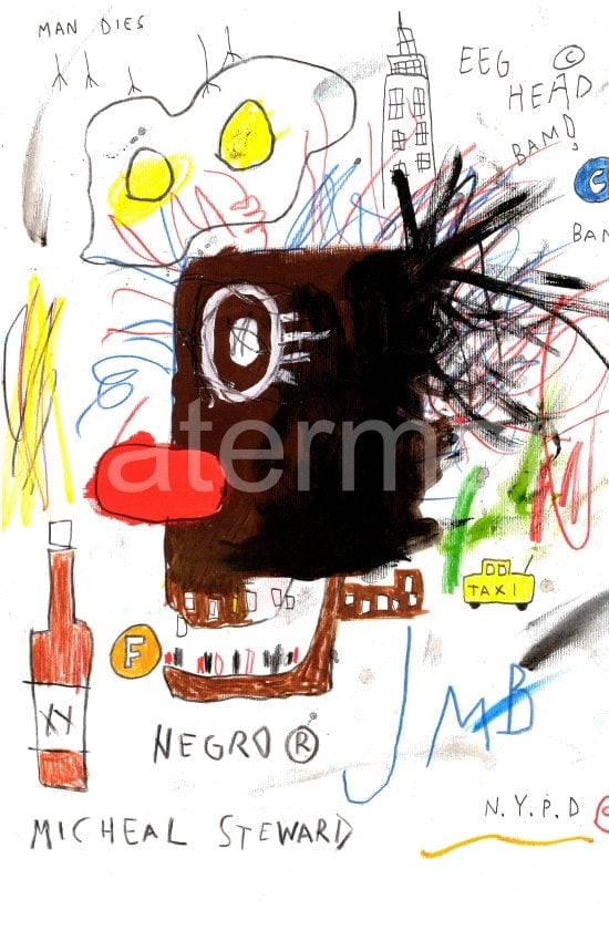 Jean Basquiat Print on Thick Paper: Jean Basquiat Print on Thick Paper. Approx Size: 12 x 17 inches. All lots that do not carry established documented provenance nor any past record of auction history record are described in the catalog