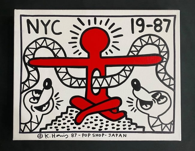 Keith Haring Painting SIGNED "87" POP SHOP Japan: Keith Haring Painting SIGNED "87" POP SHOP Japan Painting on Canvas.style attribute to Artist.Painting Size: 14 x 11 inches.This painting is sold without frame and Not stretched, Canvas only, Rolled u