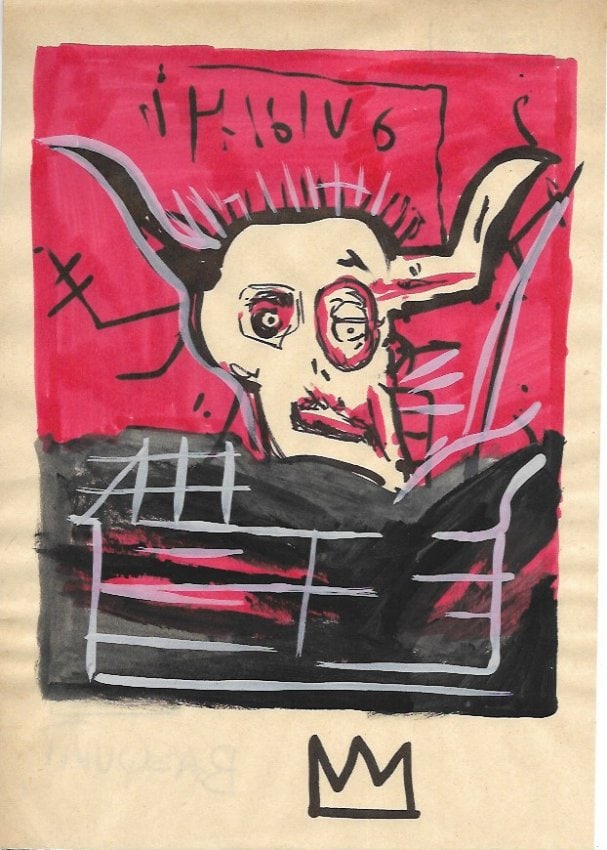 Jean Basquiat Mixed Media on Paper - After: Jean Basquiat Mixed Media on Paper. Approx Size: 11 3/4 x 8 1/2 inches. NY Collector. No COA or Documents. Sold as is to the manner or style of the artist. We pack & ship for you.See photo for descrip