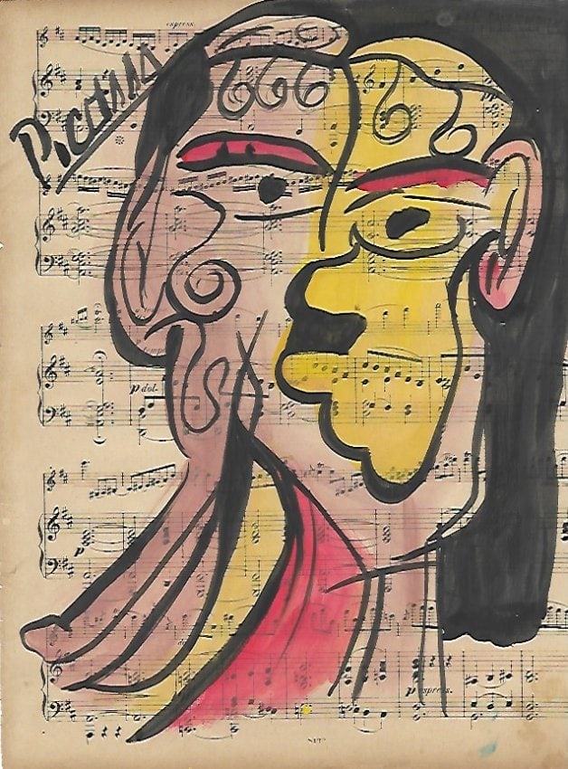 Mixed Media Pablo Picasso Drawing on Paper (After (artist): Mixed Media Pablo Picasso Drawing on Paper Music Notes. Approx Size: 12 x 8 1/2 inches. Provenance: Private NY Collection. After (artist). Good Condition See Photos.The word â€œafter” is 