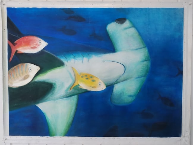 Florida Keys Hammerhead Shark Oil Painting on Canvas, Signed and Stamped on Reverse: Florida Keys Hammerhead Shark Oil Painting on Canvas, Signed and Stamped on Reverse Approx Painting Size:41 x 31 Inches.Canvas Only Hammerhead shark, rendered in a vibrant and somewhat stylized manner