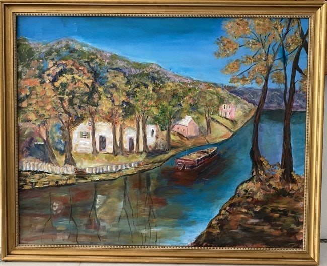 Landscaping Painting on Canvas gold gilded frame: Landscaping Painting on Canvas gold gilded frame. approx Painting size: 30 x 24. approx Frame size: 33 x 27 x 3. Good condition see photo