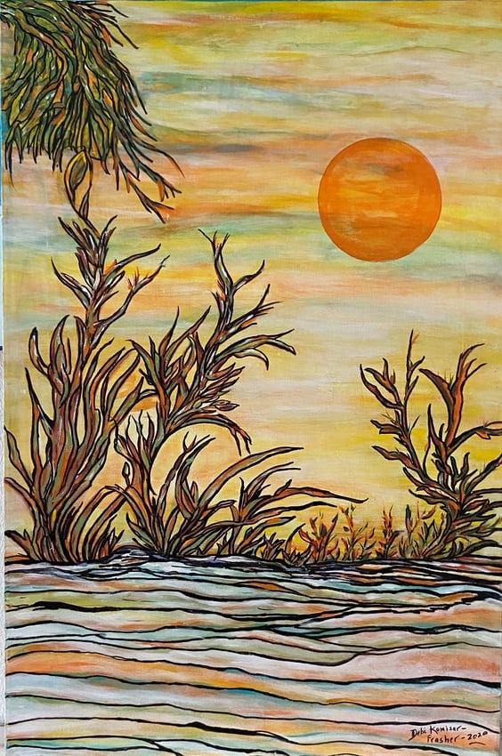 Debi komisan frasher painting on Canvas: Debi komisan frasher painting on Canvas signed. It measures 24” x 36” . Ready to hang. Good condition.see photo for description.