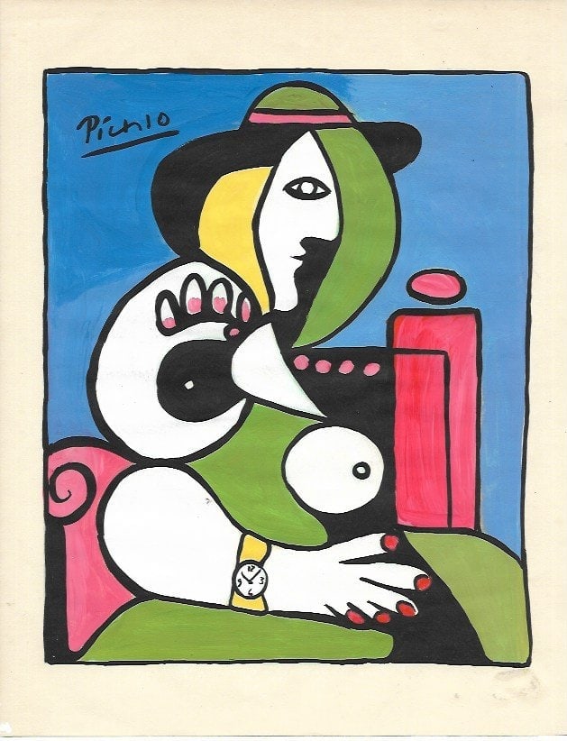 Pablo Picasso Mixed Media on Paper: Pablo Picasso Mixed Media on Paper.After (artist) Approx Size: 11 3/4 x 8 1/2 inches. NY Collector. No Coa or Documents .Sold as is to the manner or style of the artist, We Pack & Ship for you in hous