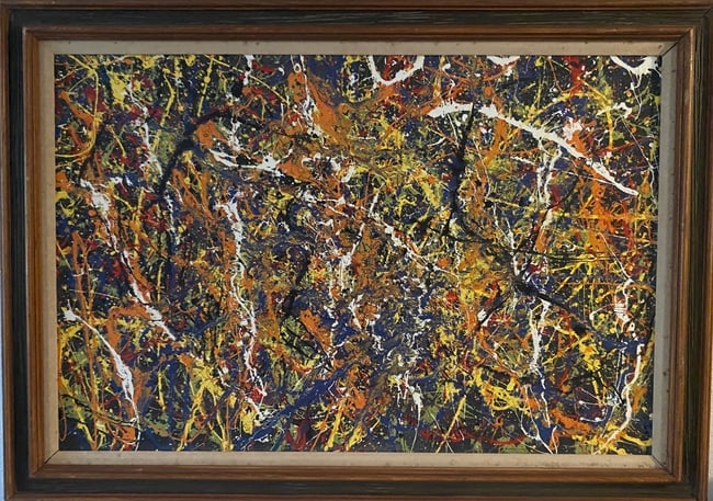 Jackson Pollock Abstract Painting on Cardboard(After Artist): Jackson Pollock Abstract Painting on Cardboard(After Artist)-Approx Painting Size: 36 x 24 Inches.Wood Frame size: 44 x 30. Private New York Collector. Painting is done in the modern, abstract express
