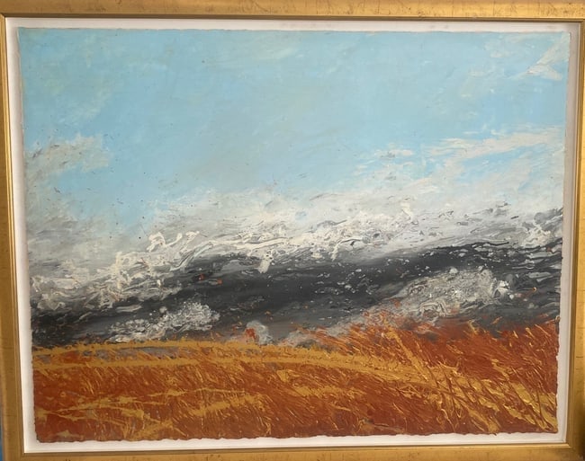 Large Abstract Ocean Waves Painting on Cardboard: Large Abstract Ocean Waves Painting on Cardboard with gold frame.Unknown Artist Painting is ready to hang. Painting size approx :40 x 31. Frame size: 36 x 45 x 2. This item we will not be able to ship