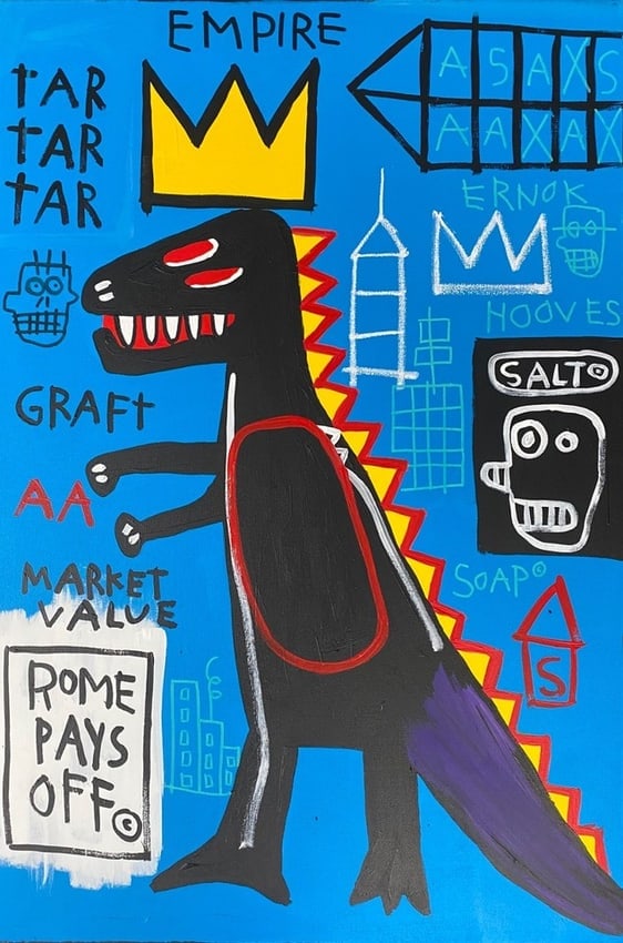 Large 1983 Empire Basquiat Painting on Canvas: Large 1983 Empire Basquiat Painting on Canvas size: 36 by 24 inches. Large Expressionism Painting on Stretcher Canvas. Acquired from private collection.The painting has never been authenticated and do