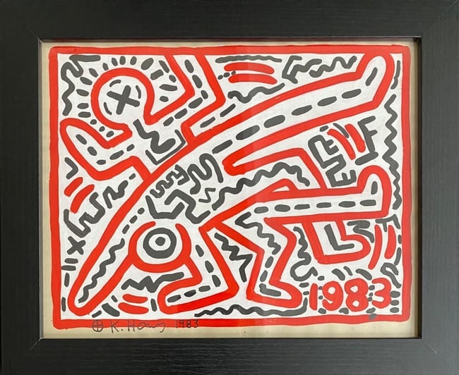 Keith Haring Drawing, Stamp on Verso: Keith Haring Drawing, Stamp on Verso, Drawing on paper. Image Approximately Size:10 x 8 inches.The frame measures 10 x 12 inches . This Drawing does not carry established document provenance, nor is a