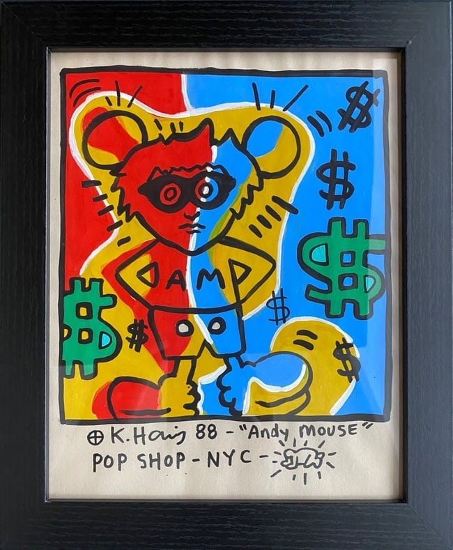 Keith Haring’s “88-Andy Mouse "Pop Shop NYC: Keith Haring’s “88-Andy Mouse "Pop Shop NYC”. Approx Drawing Size: 10 x 8, Approx New Frame Size: 10 x 12 inches.It is being sold after, attributed and in the style or manner of the artist.K
