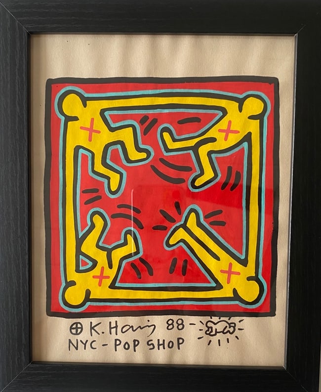 Keith Haring drawing on Rare Unique vintage paper "Pop Shop": Keith Haring drawing on Rare Unique vintage paper "Pop Shop" Signed and dated Stamped On reverse Approximately 8 x 10 inches.The frame measures 10 x 12 inchesThe drawing has minor wear from time but o