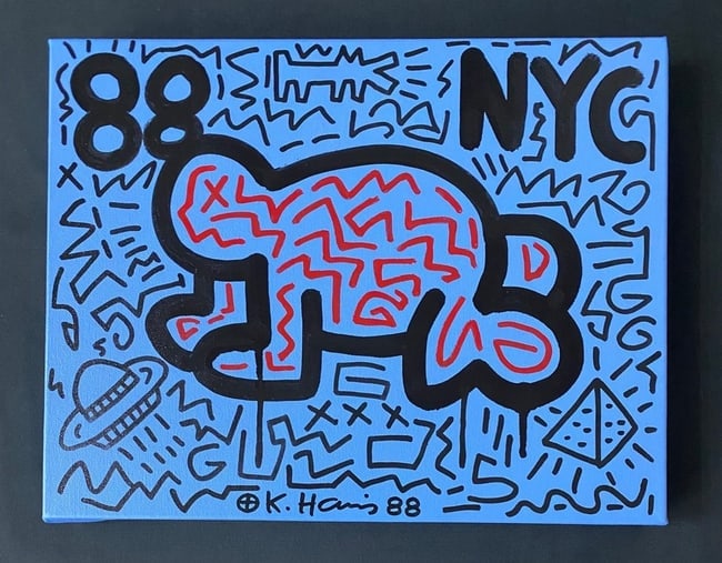 Keith Haring Painting SIGNED NYC POP SHOP: Keith Haring Painting SIGNED NYC POP SHOP Painting on Canvas.style attribute to Artist.Painting Size: 12 x 12 inches.This painting is sold without frame and Not stretched, Canvas only, Rolled up in a 
