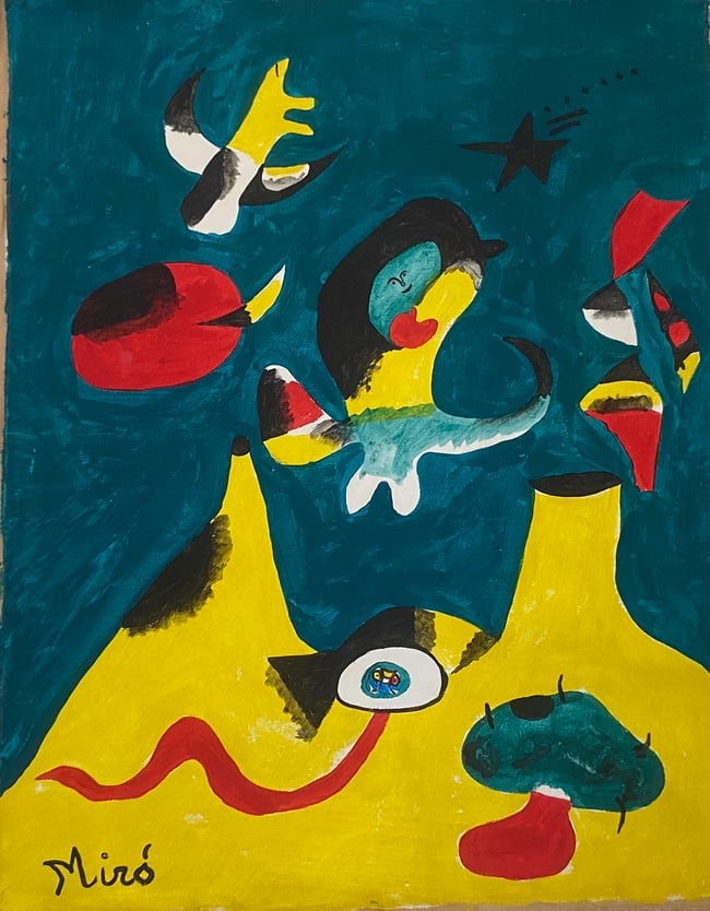 Miro Old 20th Century Modern Art Painting on Canvas: Miro Old 20th Century Modern Art Painting on Canvas (After)Artist. Sold as is.No Documents or COA Approx size: 19 x 15 inches. Good Condition .We pack & Ship for you. We take care of the shipping serv