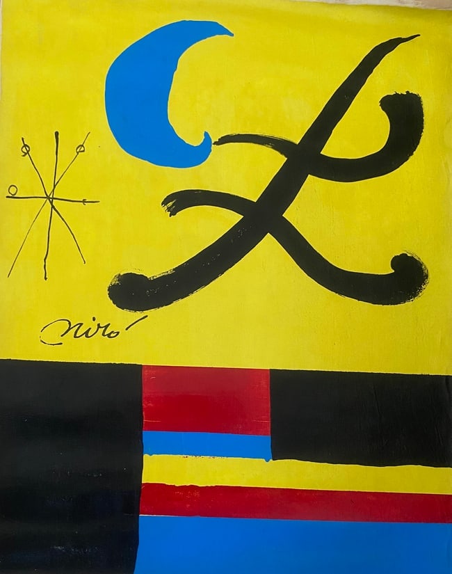 Miro Old 20th Century Modern Art Painting on Canvas: Miro Old 20th Century Modern Art Painting on Canvas (After)Artist. Sold as is.No Documents or COA Approx size:21 x 17 inches. Good Condition .We pack & Ship for you. We take care of the shipping servi