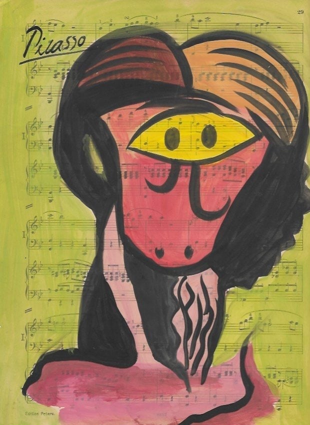 Mixed Media Pablo Picasso Drawing on Paper (after artist) (1 of 2)