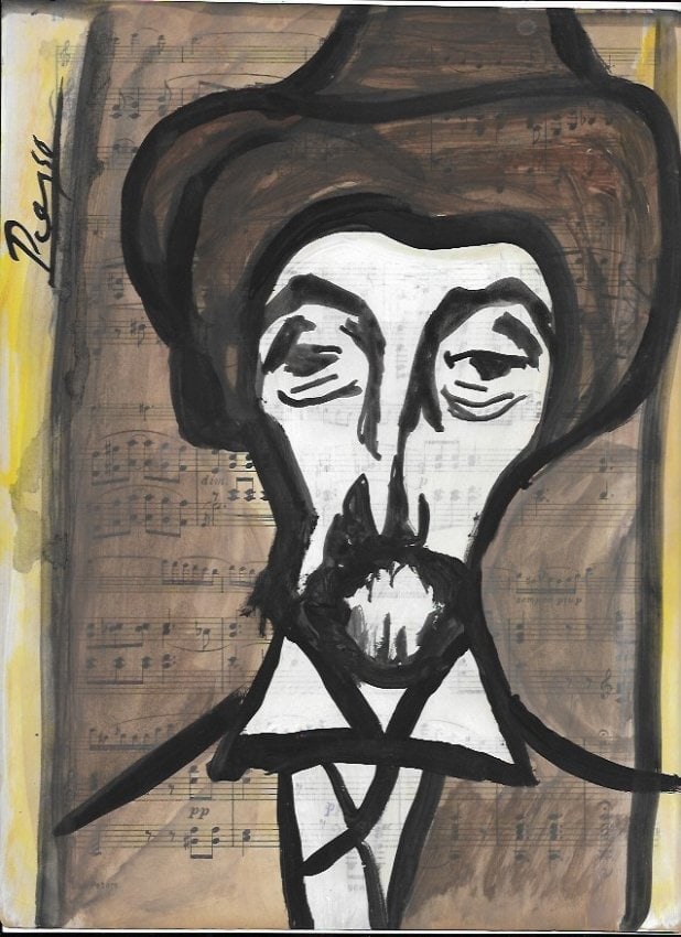 Mixed Media Pablo Picasso Drawing on Paper (after artist): Mixed Media Pablo Picasso (after artist)Drawing on Paper Music Notes. Approx Size: 12 x 8 1/2 inches. Provenance: Private NY Collection. sold as is After definition: For paintings/unique works: The wo