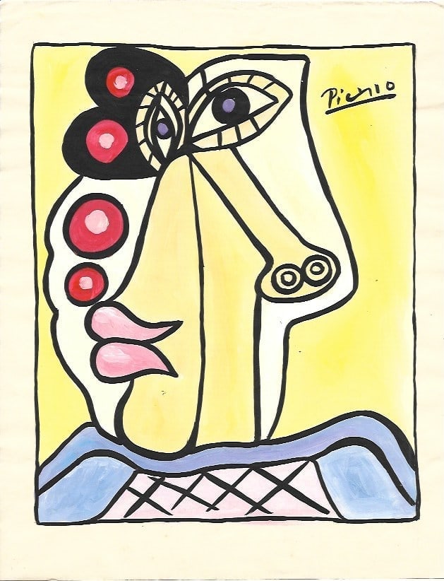 Pablo Picasso Mixed Media on Paper, Stamp on Verso: Pablo Picasso(after artist)Mixed Media on Paper , Stamp on Verso. Approx Size: 11 3/4 x 8 1/2 inches. NY Collector. No Coa or Documents .Sold as is After definition: For paintings/unique works: The wo