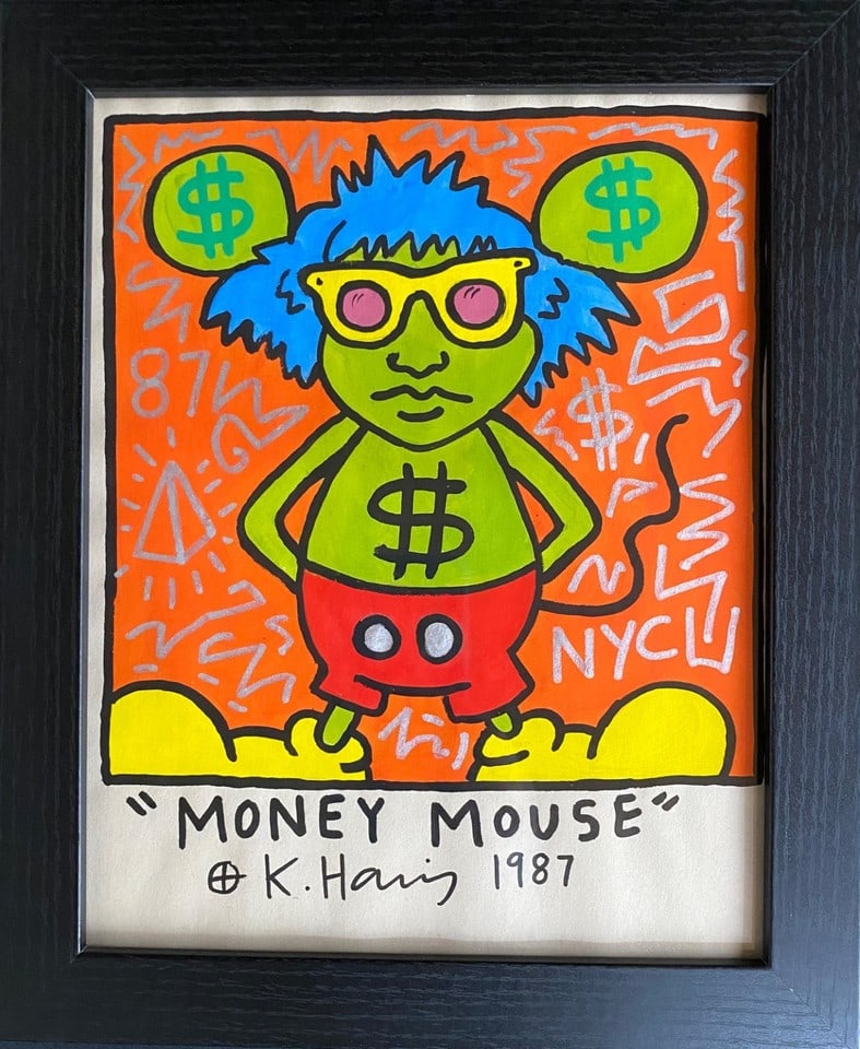 Keith Haring drawing on Rare Unique vintage paper Stamped On reverse: Keith Haring drawing on Rare Unique vintage paperStamped On reverse. Approximately 8 x 10 inchesThe frame measures 10 x 12 inchesThe drawing has minor wear from time but over all condition is good.It 