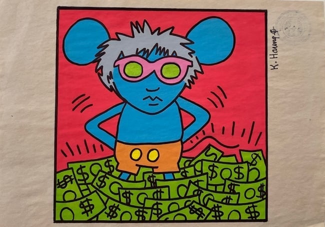Keith Haring Drawing, Stamp on Verso, Pop Art on paper.: Keith Haring Drawing, Stamp on Verso, Pop Art on paper. Image Approximately Size:10 x 8 inches. . This painting does not carry established document provenance, nor is any record of auction history des