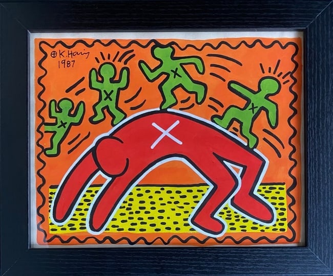 Keith Haring Drawing, Stamp on Verso, Pop Art on paper: Keith Haring Drawing, Stamp on Verso, Pop Art on paper. Image Approximately Size:10 x 8 inches.The frame measures 10 x 12 inches . This Drawing does not carry established document provenance, nor is a