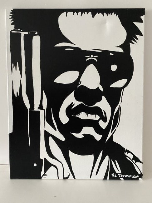 The Terminator Acrylic painting Black & White art canvas (after): The Terminator Acrylic painting Black & White art canvas. After (artist) Size : 16 X 20 .Art Collection. Sold as is. No COA. No Document. Good Condition. See Photo The word ???after? is used for a wor