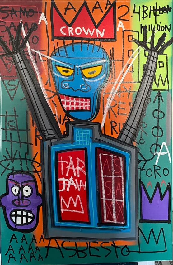 Painting on Canvas Crown- Samo.: Painting on Canvas T-Rex Crown- Samo. Large Painting Fits - Size : 36 by 24 inches Large Expressionism Painting on Stretcher Canvas. Acquired from private collection.The painting has never been authen