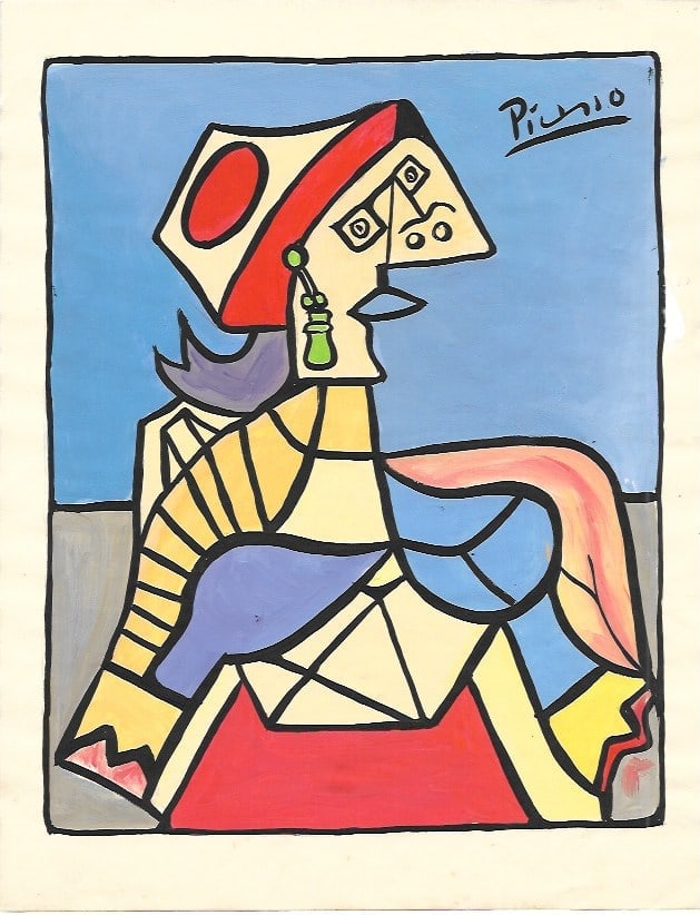 Pablo Picasso Mixed Media on Paper, Stamp on Verso: Pablo Picasso(after artist)Mixed Media on Paper , Stamp on Verso. Approx Size: 11 3/4 x 8 1/2 inches. NY Collector. No Coa or Documents .Sold as is After definition: For paintings/unique works: The wo