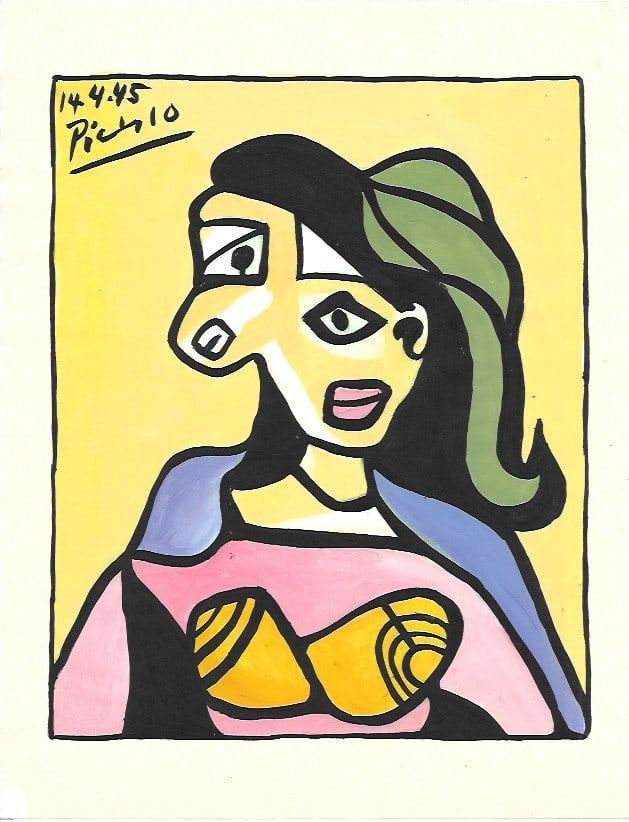 Pablo Picasso Mixed Media on Paper, Stamp on Verso: Pablo Picasso(after artist)Mixed Media on Paper , Stamp on Verso. Approx Size: 11 3/4 x 8 1/2 inches. NY Collector. No Coa or Documents .Sold as is After definition: For paintings/unique works: The wo
