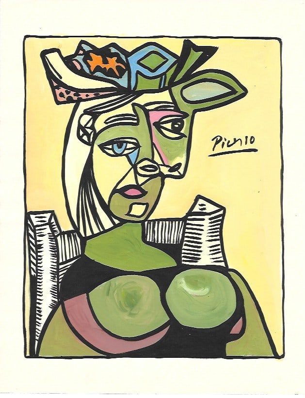 Pablo Picasso Mixed Media on Paper, Stamp on Verso: Pablo Picasso(after artist)Mixed Media on Paper , Stamp on Verso. Approx Size: 11 3/4 x 8 1/2 inches. NY Collector. No Coa or Documents .Sold as is After definition: For paintings/unique works: The wo