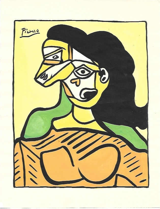 Pablo Picasso Mixed Media on Paper, Stamp on Verso: Pablo Picasso(after artist)Mixed Media on Paper , Stamp on Verso. Approx Size: 11 3/4 x 8 1/2 inches. NY Collector. No Coa or Documents .Sold as is After definition: For paintings/unique works: The wo