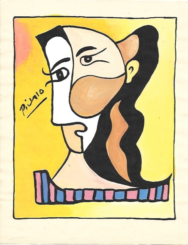 Pablo Picasso Mixed Media on Paper, Stamp on Verso: Pablo Picasso(after artist)Mixed Media on Paper , Stamp on Verso. Approx Size: 11 3/4 x 8 1/2 inches. NY Collector. No Coa or Documents .Sold as is After definition: For paintings/unique works: The wo