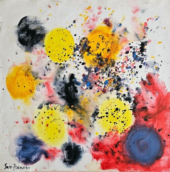 Sam Francis Modern art 20th century abstract painting on Canvas(after artist): Sam Francis Modern art 20th century abstract painting on Canvas (after artist) Size: 17 by 17 inches. Good condition,needs stretching. No COA,no supporting papers,sold in the manner of Artist.See phot