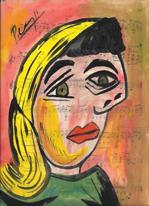 Mixed Media Pablo Picasso (After Artist) Drawing on Paper Music Notes: Mixed Media Pablo Picasso (After Artist) Drawing on Paper Music Notes. Approx Size: 12 x 8 1/2 inches. Provenance: Private NY Collection. It is being sold as in the manner Style of artist. Good Condit
