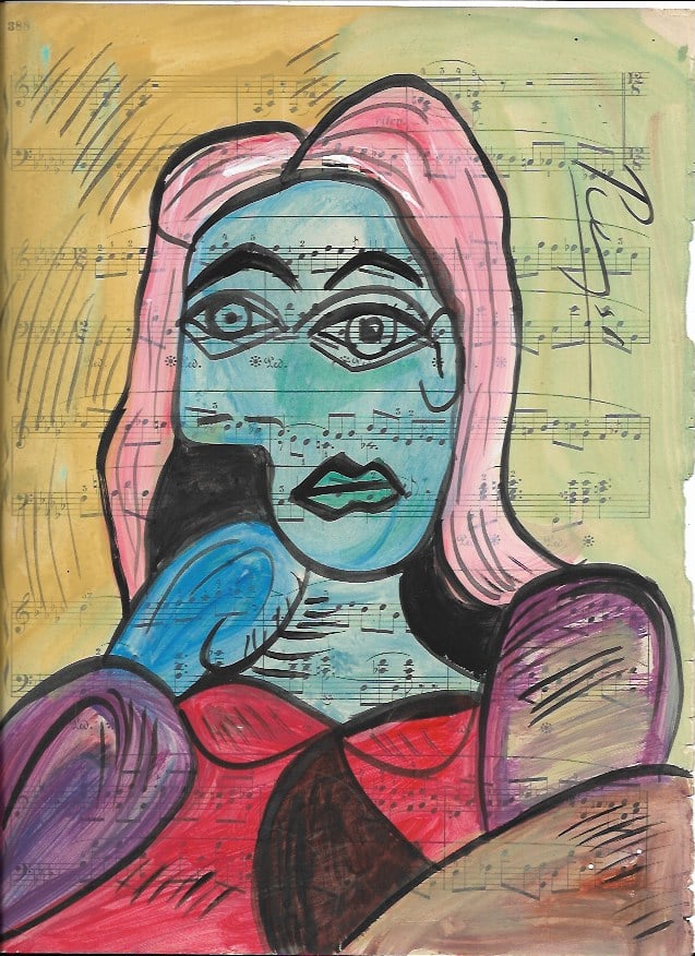 Mixed Media Pablo Picasso (After Artist) Drawing on Paper Music Notes: Mixed Media Pablo Picasso (After Artist) Drawing on Paper Music Notes. Approx Size: 12 x 8 1/2 inches. Provenance: Private NY Collection. It is being sold as in the manner Style of artist. Good Condit